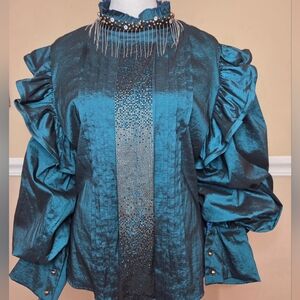VINTAGE SAUVAGE Chic Teal Ruffle Sleeve Blouse Metallic Size 40/ 10.